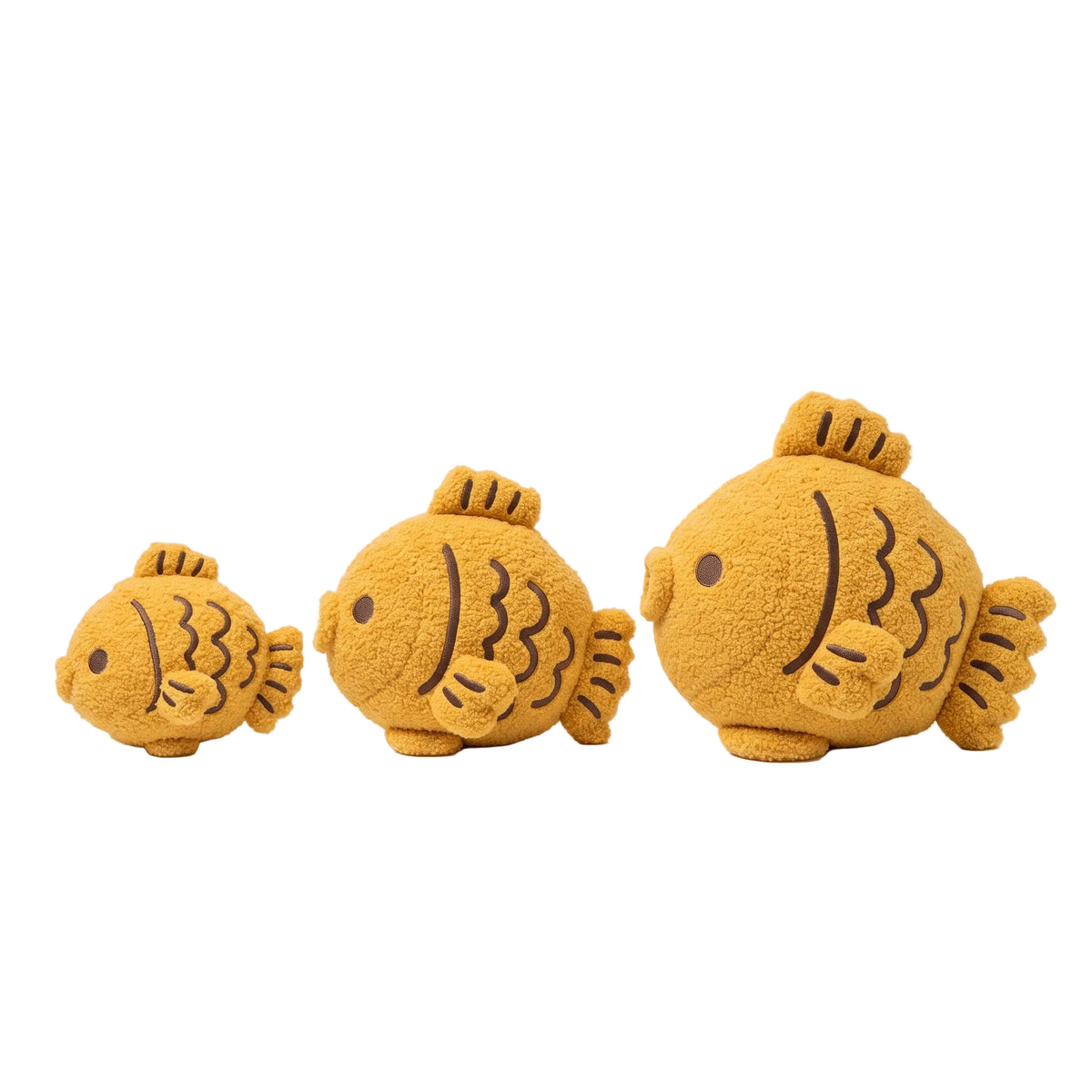 Kawaii taiyaki fish plush toy in three sizes 22cm 32cm and 42cm on white background