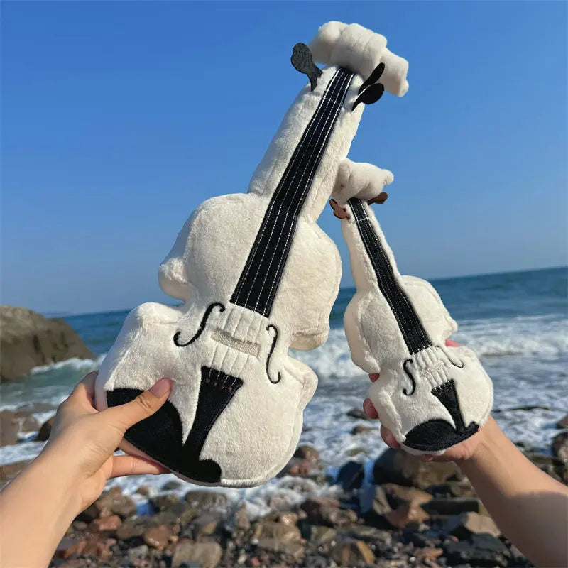 Kawaii violin plushie close up texture, cotton filled soft stuffed toy