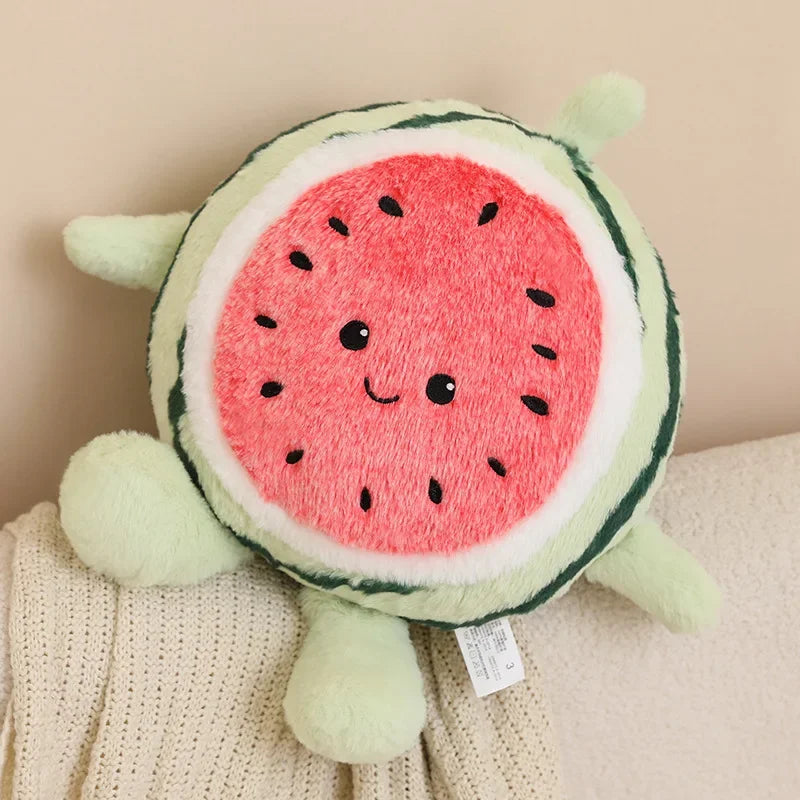 Kawaii watermelon plush pillow 40cm displayed on pastel pink bed as room decor accent