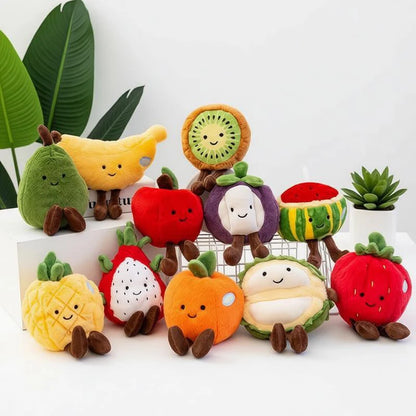 Kawaii watermelon plush toy with floppy dangle legs and happy cartoon face