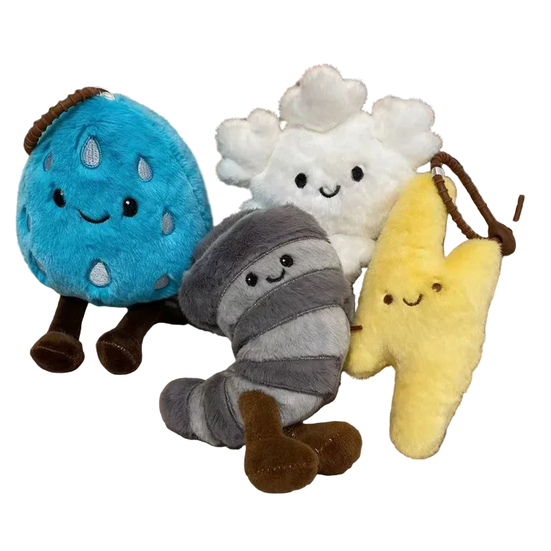 Kawaii weather plush toy collection including tornado raindrop snowflake and lightning characters

