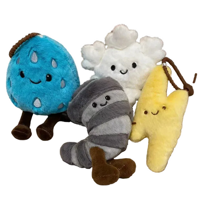 Kawaii weather plush toy collection including tornado raindrop snowflake and lightning characters
