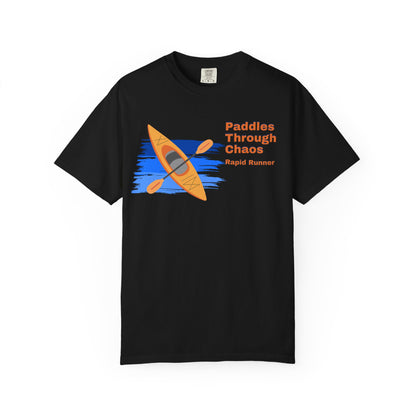 Kayaker gift shirt showing Rapid Runner design in bright yellow and blue