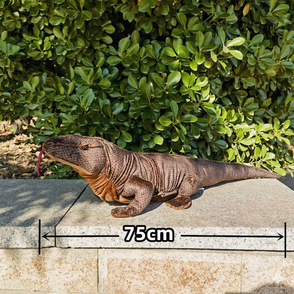Komodo dragon plush toy close-up head and forked tongue detail