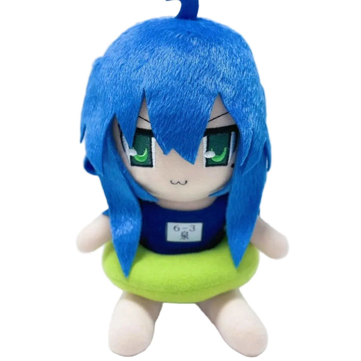 Konata Izumi plush doll in school swimsuit with inflatable swim ring, 20cm fumo style