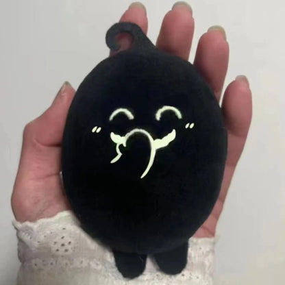 Krobus plush displayed on wooden shelf with cozy gaming decor

