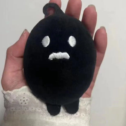 Krobus shadow person plush with yellow eyes, dark plush fabric and cotton filling

