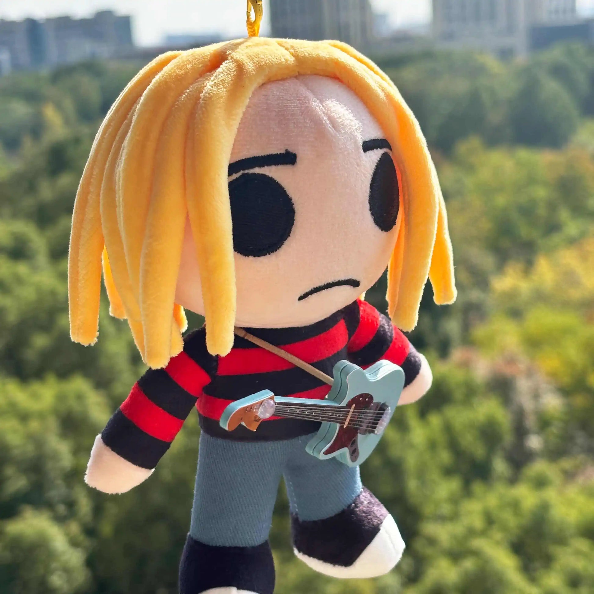 Kurt Cobain plush grunge icon with blonde hair and striped shirt