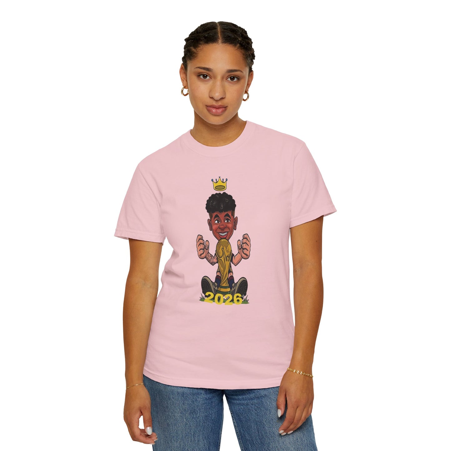 Lamine Yamal inspired fan tee smiling young star with braces golden crown closeup print
