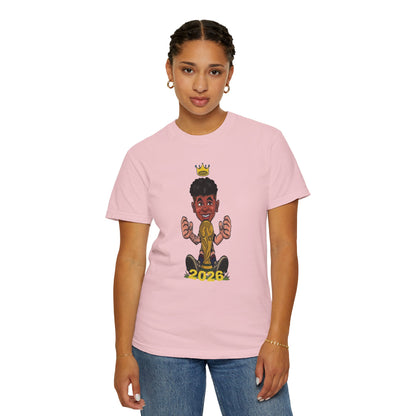 Lamine Yamal inspired fan tee smiling young star with braces golden crown closeup print
