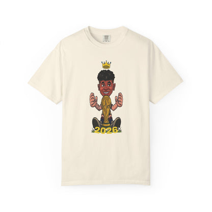 Lamine holding cup printed tee cartoon illustration on Comfort Colors garment
