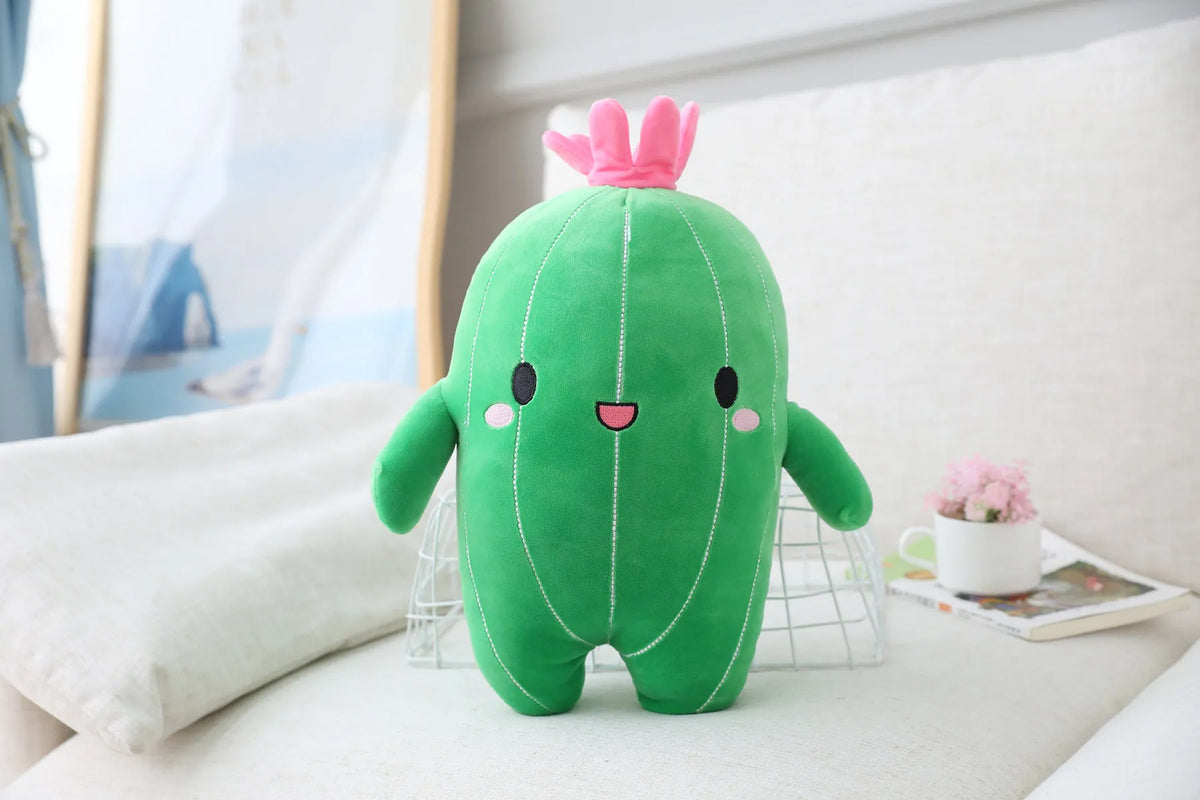Large 40cm kawaii cactus stuffed pillow resting on a bed