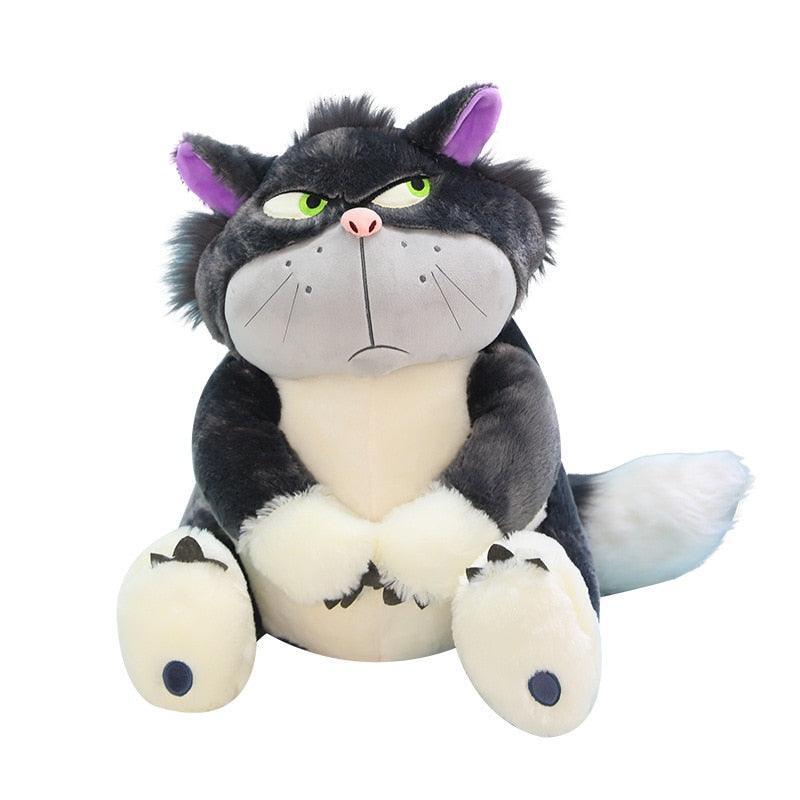 Large 65cm side eye cat plushie propped on bedroom pillow as cozy bed companion
