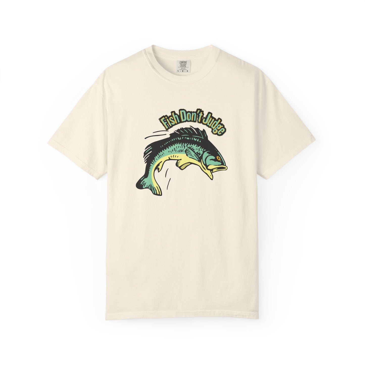 Leaping largemouth bass front print on Fish Don't Judge unisex tee