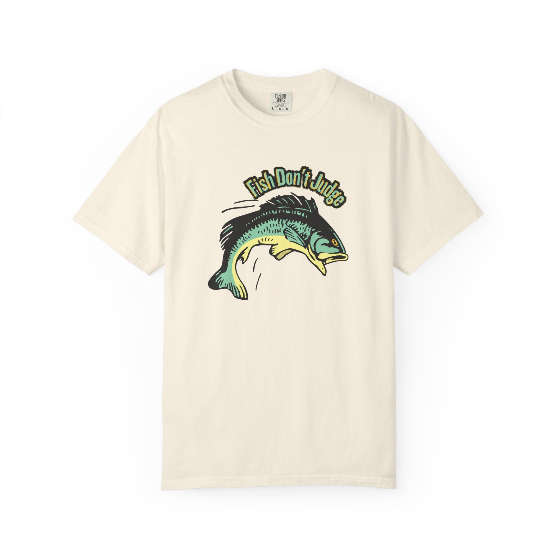 Leaping largemouth bass front print on Fish Don't Judge unisex tee