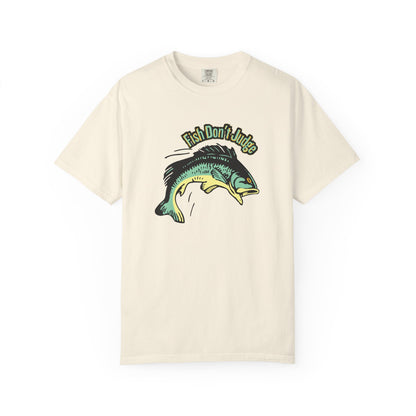 Leaping largemouth bass front print on Fish Don't Judge unisex tee