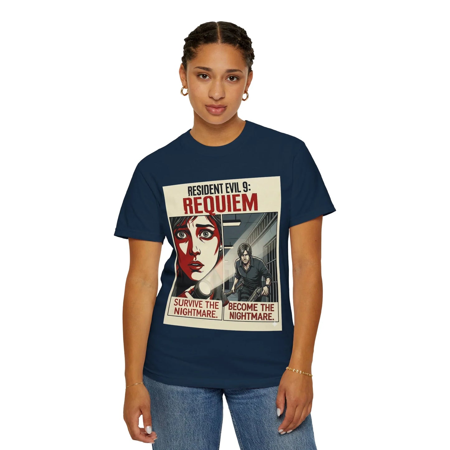 Leon S. Kennedy cinematic action pose on Resident Evil 9 Requiem tee.
