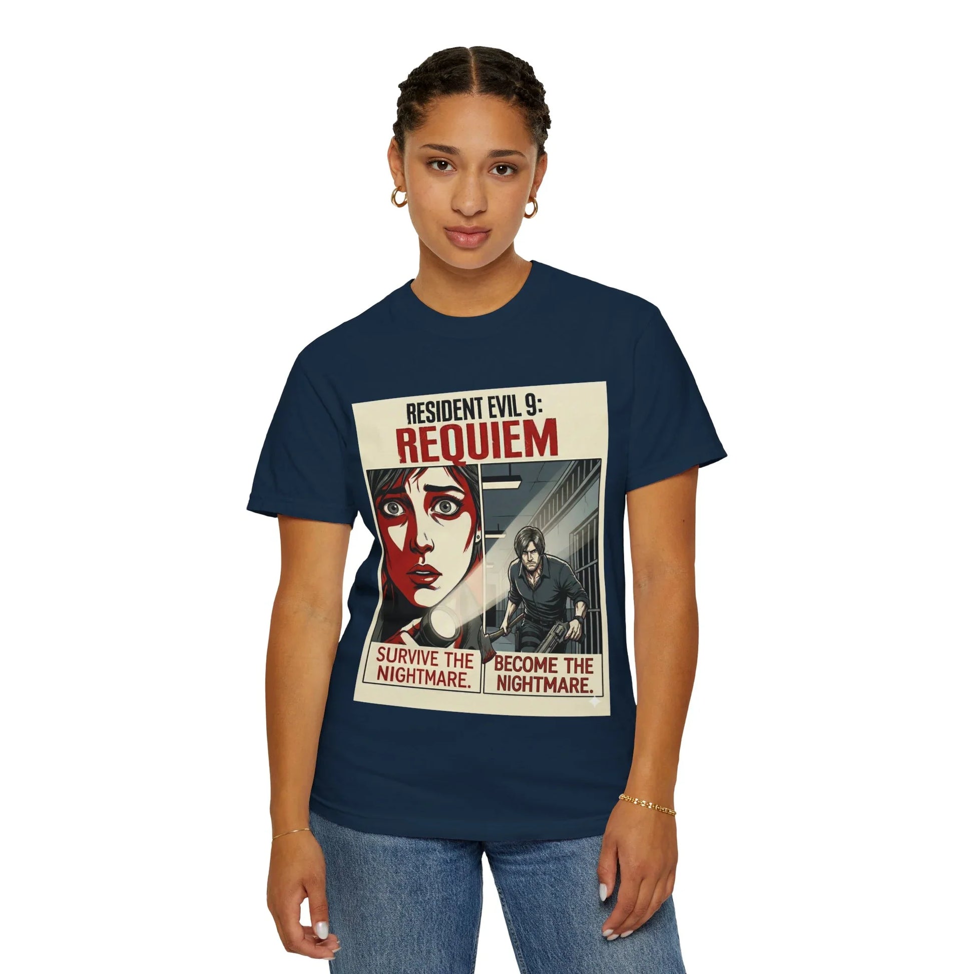 Leon S. Kennedy cinematic action pose on Resident Evil 9 Requiem tee.