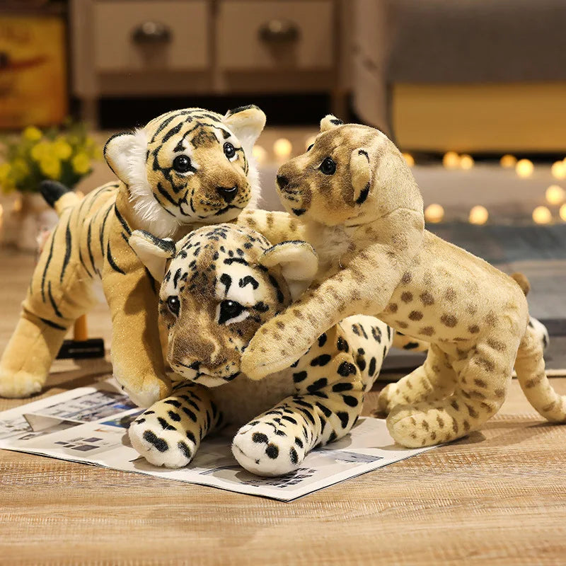 Leopard cub plush hugging pose showing soft cotton exterior and lifelike spotted coat