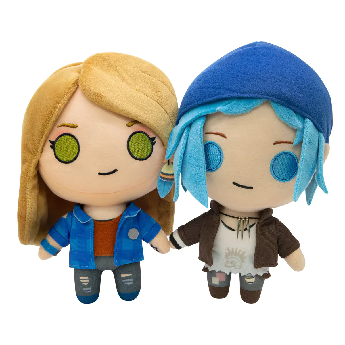 Life is Strange plush figures standing together on display shelf
