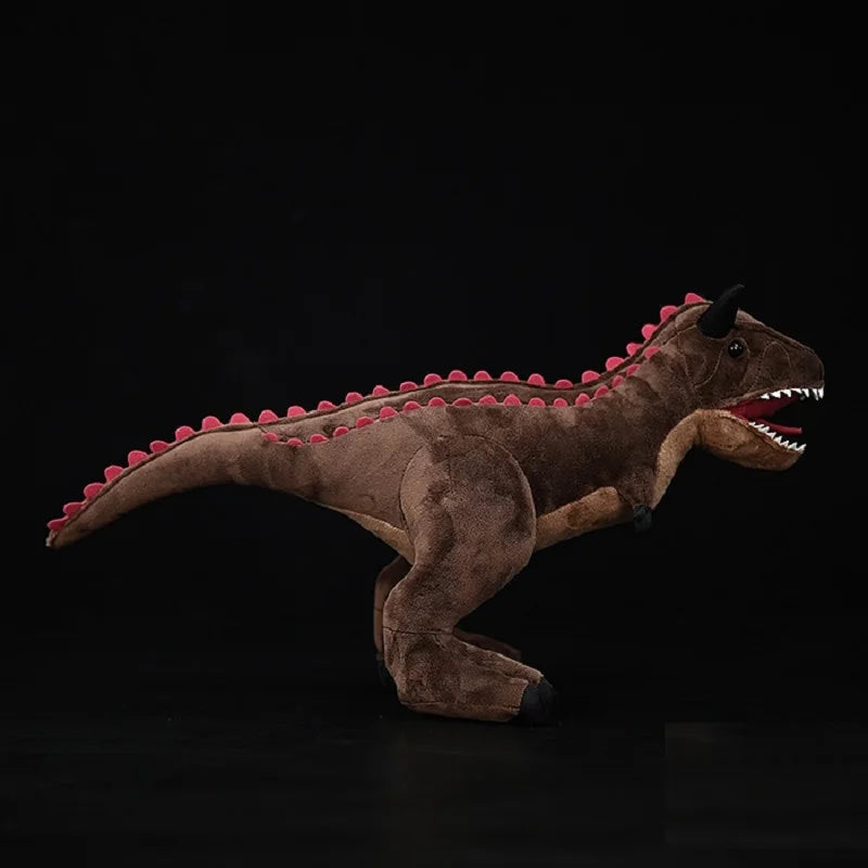 Lifelike Carnotaurus soft toy side profile displaying full dorsal spine row detail