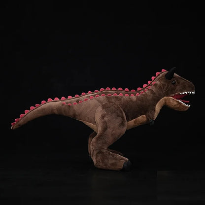 Lifelike Carnotaurus soft toy side profile displaying full dorsal spine row detail