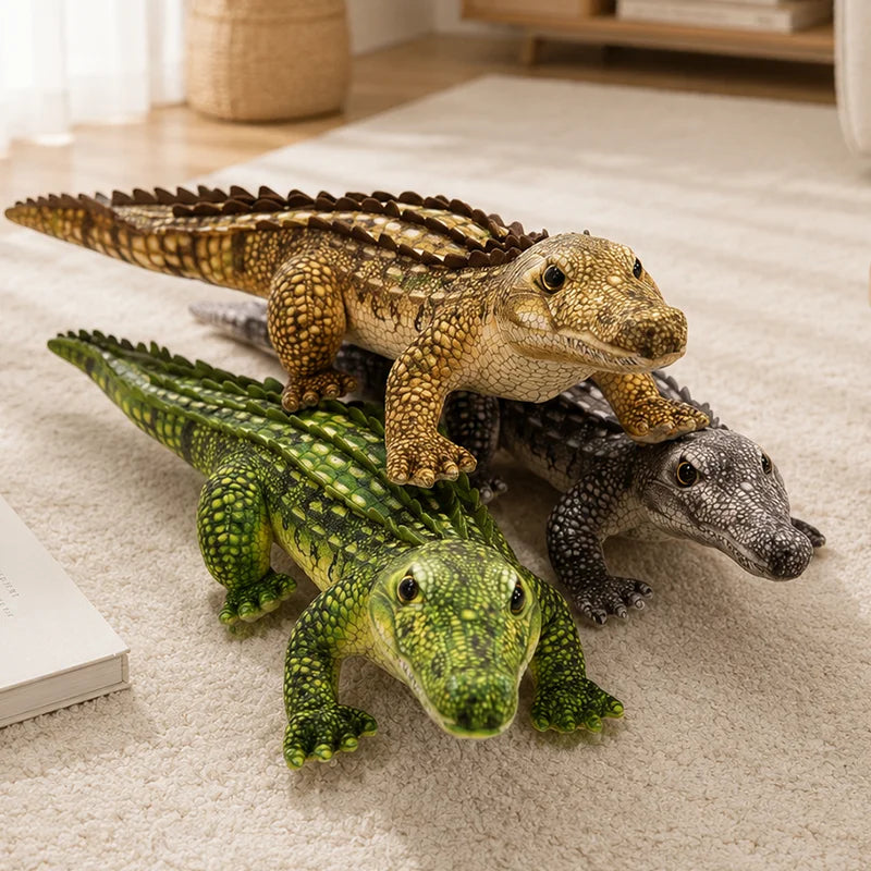 Lifelike alligator stuffed animal in brown, handmade plushie full body shot on floor