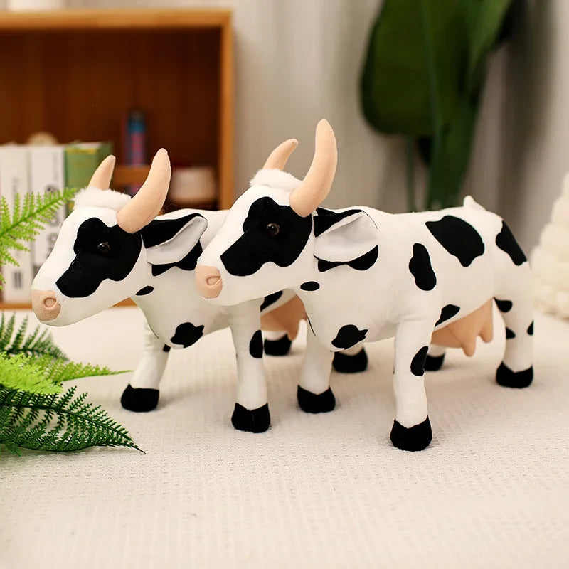 Lifelike cow plush displayed on a wooden shelf as home room decor