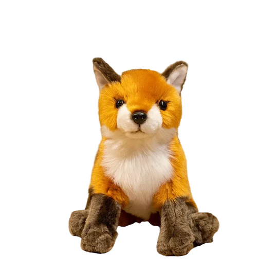 Lifelike fox plush sitting upright on a white background.