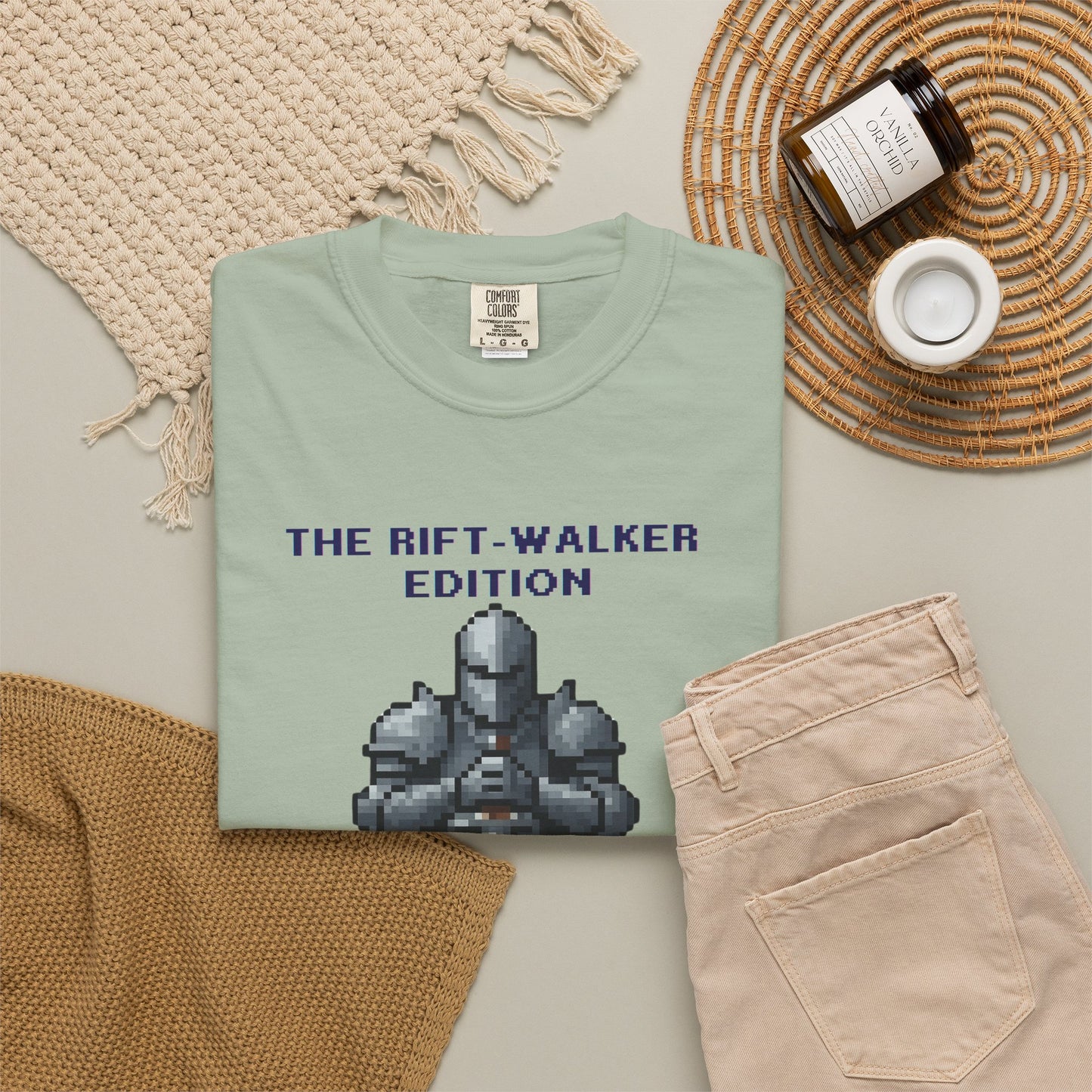 Lifestyle shot of the rift walker tees worn at a retro gaming meetup
