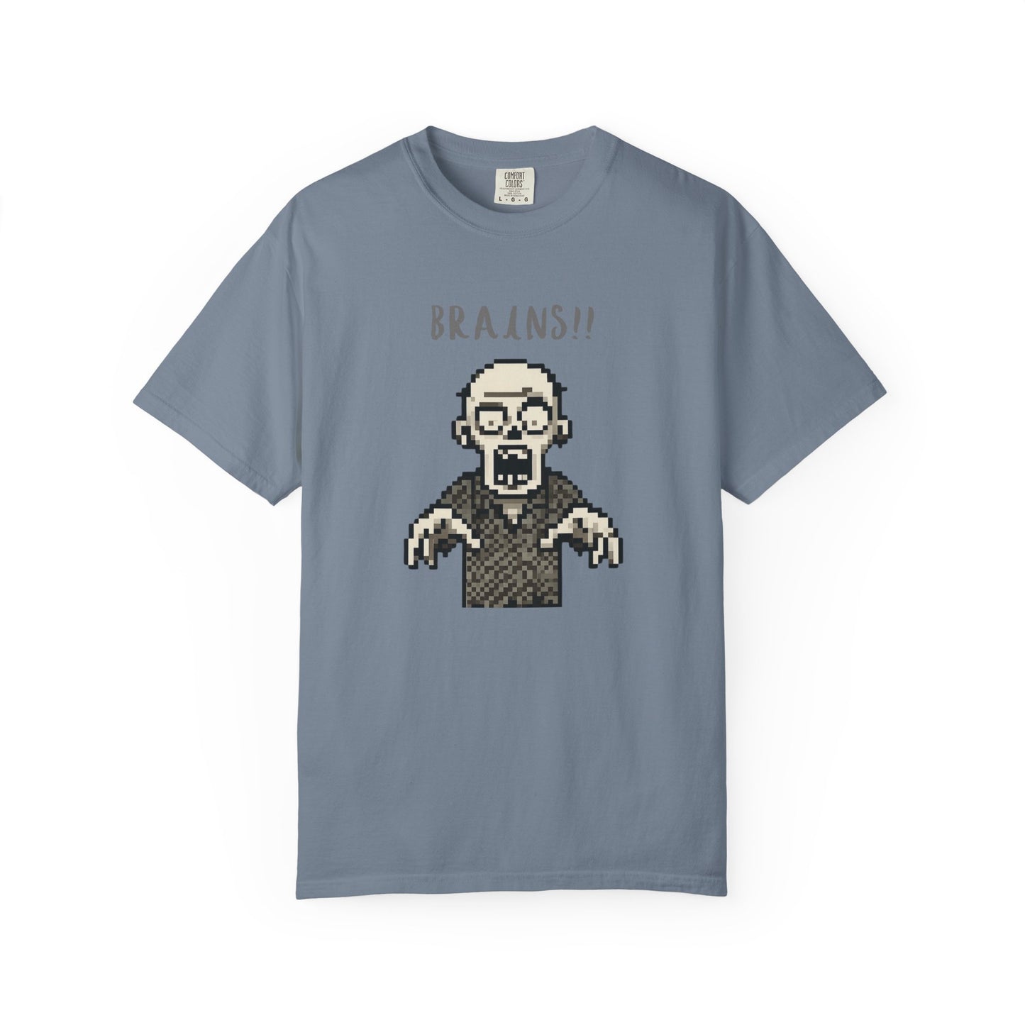 Lifestyle view of vintage-inspired pixel zombie graphic tee.