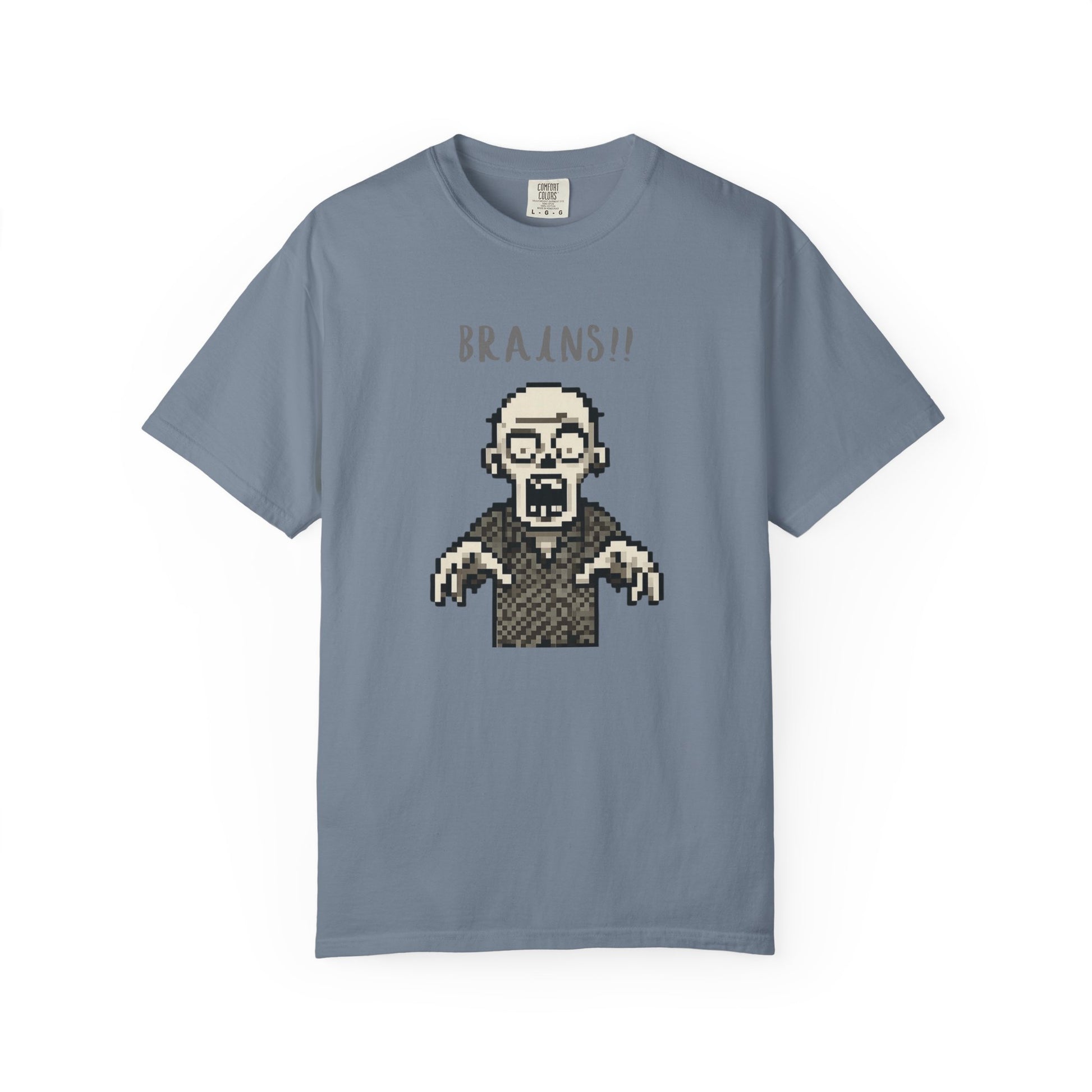Lifestyle view of vintage-inspired pixel zombie graphic tee.