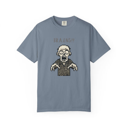 Lifestyle view of vintage-inspired pixel zombie graphic tee.