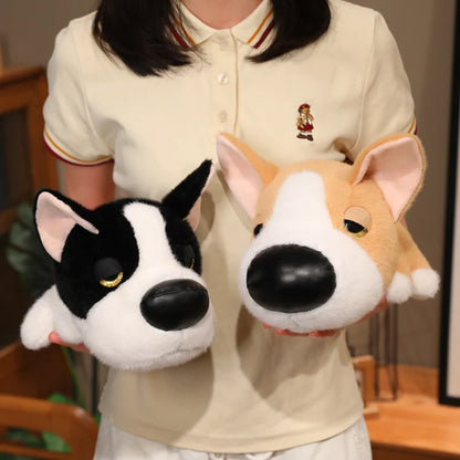 Light brown husky plush doll with big nose and sleepy expression side view