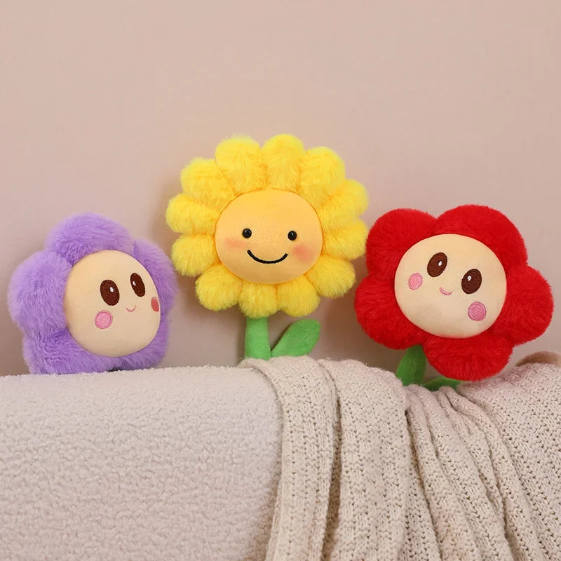Light pink stuffed flower toy rosy cheeks and big eyes detail
