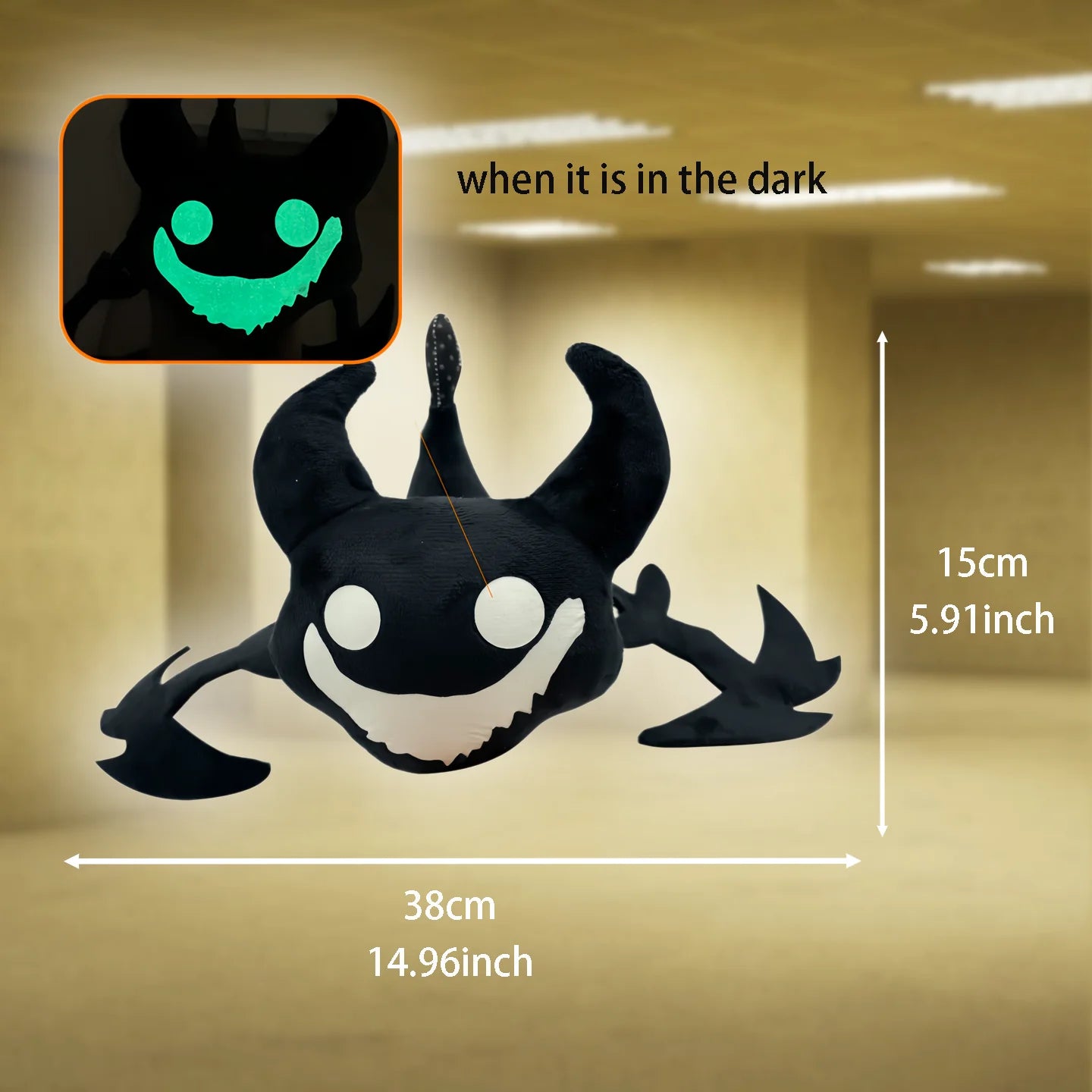 Liminal space entity plush toys shelf display, internet horror character merchandise
