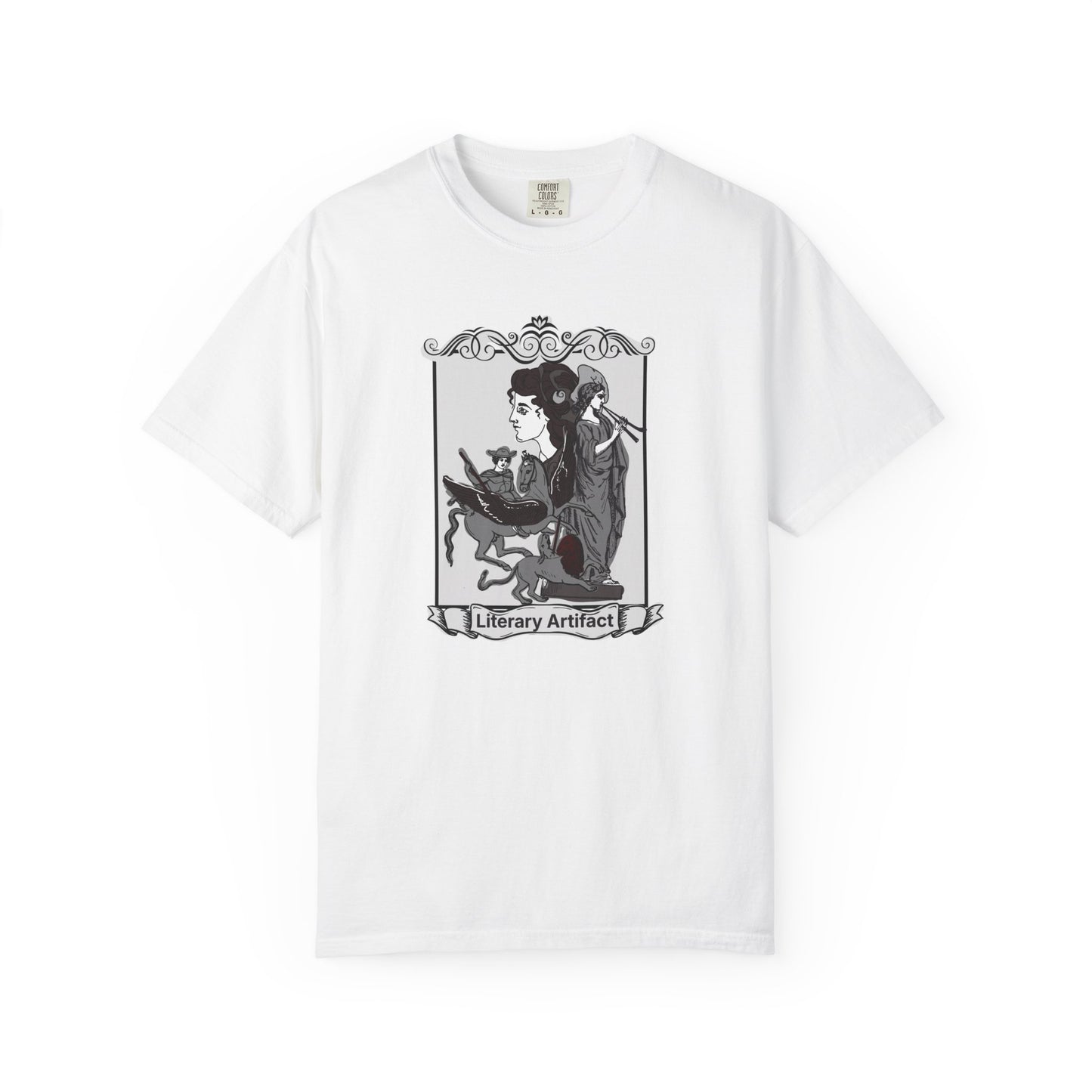 Literary Artifact T Shirt featuring a contemplative reader illustration in an ornate botanical frame on a garment dyed Comfort Colors 1717 blank