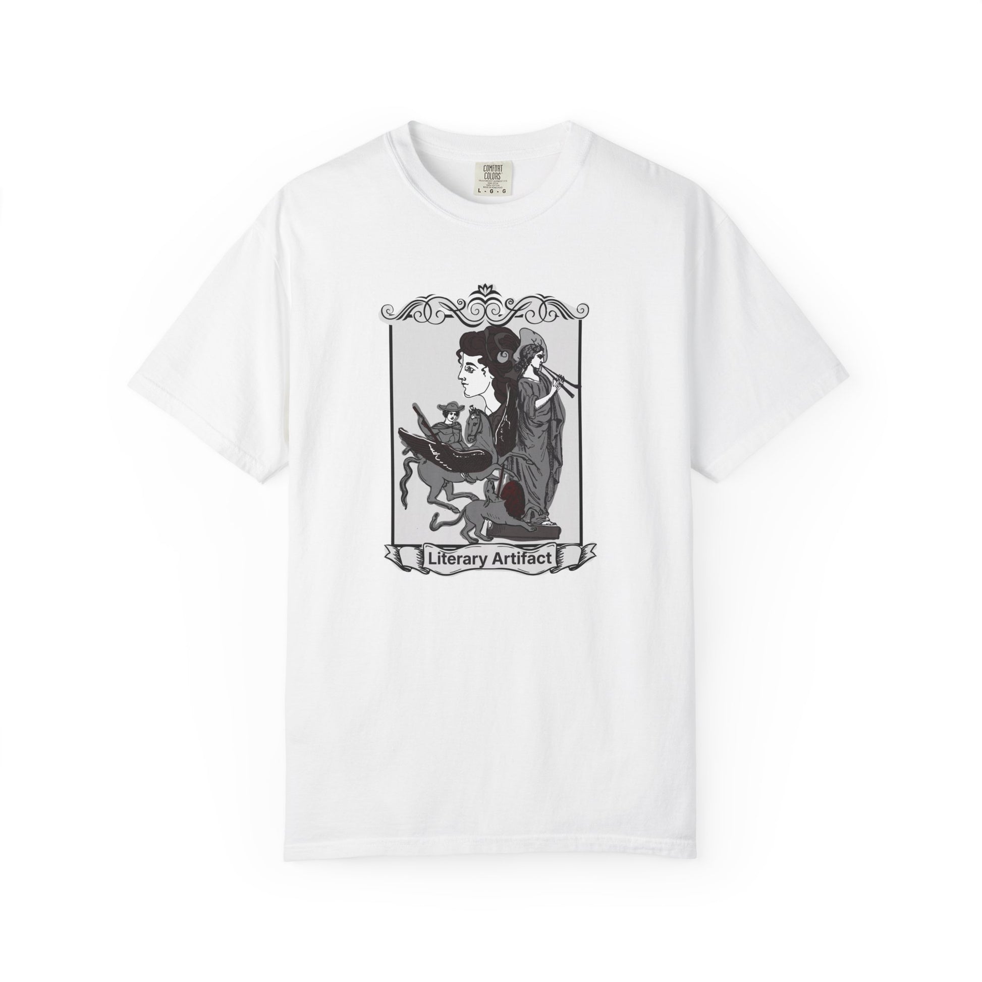 Literary Artifact T Shirt featuring a contemplative reader illustration in an ornate botanical frame on a garment dyed Comfort Colors 1717 blank