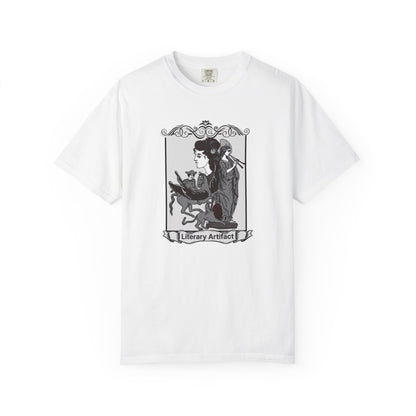 Literary Artifact T Shirt featuring a contemplative reader illustration in an ornate botanical frame on a garment dyed Comfort Colors 1717 blank