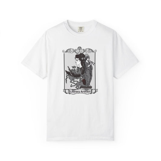 Literary Artifact T Shirt featuring a contemplative reader illustration in an ornate botanical frame on a garment dyed Comfort Colors 1717 blank