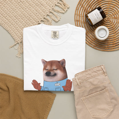 Lived-in soft tee with dog illustration and gentle humor slogan