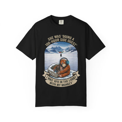 Lonely penguin walking toward mountains Werner Herzog meme t-shirt
