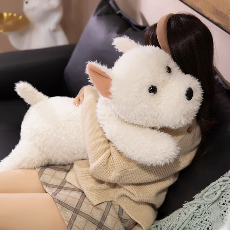 Long body pillow dog plush in white Westie design, top-down flat lay