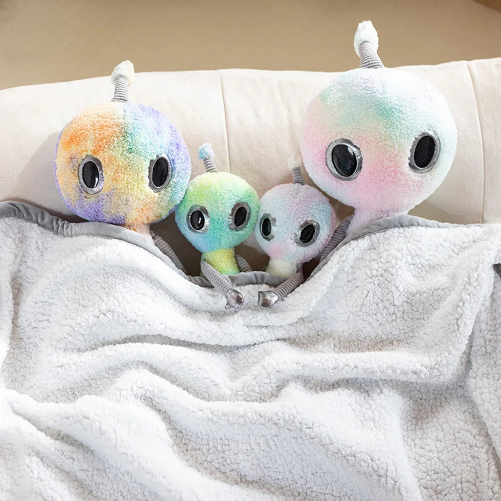 Long leg alien plush in all three colors green purple and pink side by side
