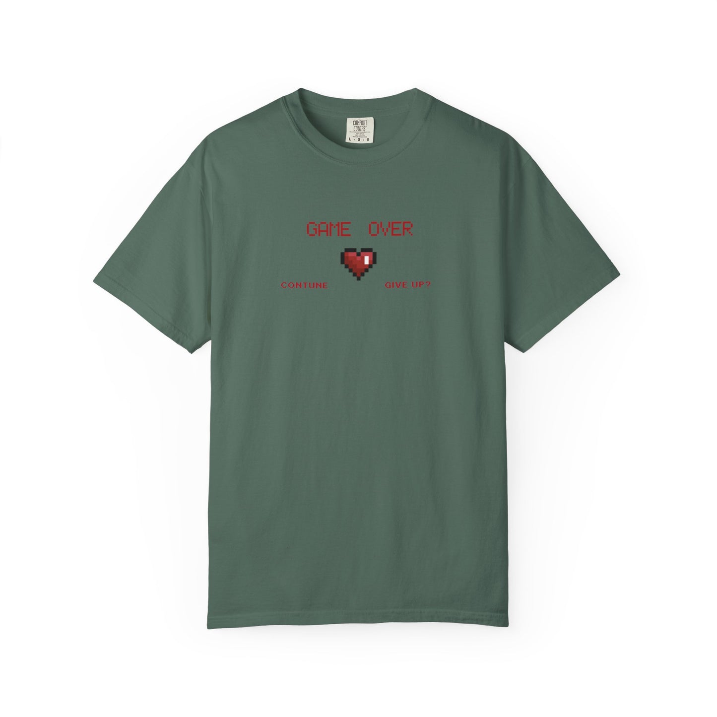 Macro detail of pixel art clothing chest print featuring damaged 8 bit heart and retro GAME OVER text
