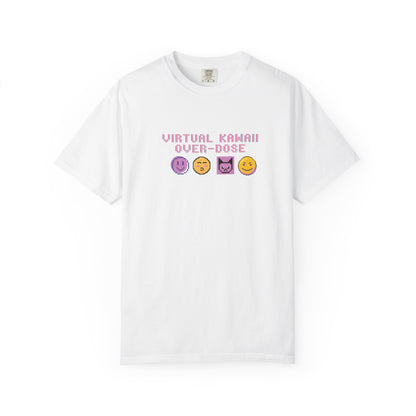 Mad Mew Mew tee in pastel pink with retro pixel emoji faces and 90s glitch font
