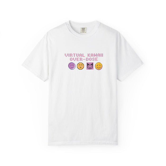 Mad Mew Mew tee in pastel pink with retro pixel emoji faces and 90s glitch font
