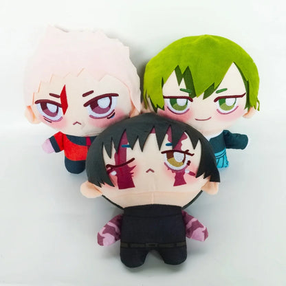Custom anime plush toy trio Maki Z Yuji I Naoya Z on display shelf