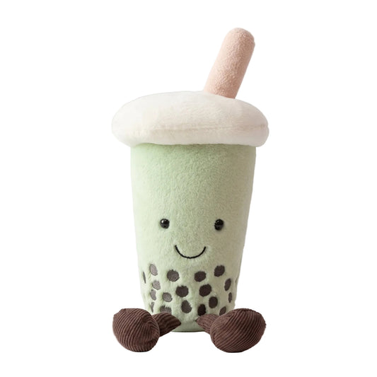 Matcha boba plushie kawaii pastel green bubble tea stuffed animal with dangling legs 23cm front view