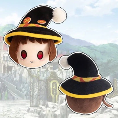 Megumin and Chomusuke plush displayed together on desk, handmade anime familiar duo collectible set

